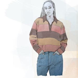 May include: Illustration of a person wearing a striped long-sleeve shirt with a collared neckline and blue jeans. The shirt features horizontal stripes in shades of brown, pink, and tan. The jeans are a light blue wash.