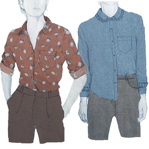 May include: Two button-down shirts, one with a floral print and the other a solid blue. Both shirts have long sleeves and are tucked into pants.