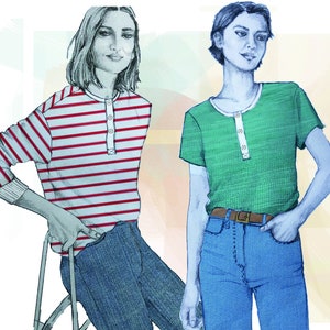 Könnte beinhalten: Illustration von zwei Personen in Freizeitkleidung. Eine Person trägt ein rot-weiß gestreiftes Langarmshirt mit blauen Jeans. Die andere Person trägt ein grünes Kurzarmshirt mit blauen Jeans und einem braunen Gürtel.