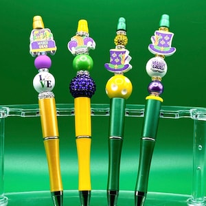 Penna a sfera con perline in legno con brillantini per carnevale di Mardi Gras