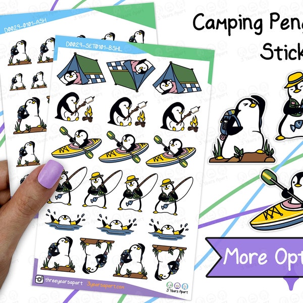 Penguin Outdoor Camping Stickers | Kayak Swimming Hiking Fishing Smores Fire Deco for Bullet Journals, Planners, Traveler's Notebook, Diary