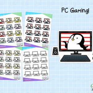 May include: A set of 24 colorful stickers featuring a penguin in front of a computer screen. The stickers are arranged in four rows of six stickers each. The stickers are on a light blue background with a white grid pattern. The text "PC Gaming!" is at the top of the image. The text "3 Years Apart" is at the bottom of the image.