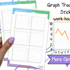 Puede incluir: Cuatro pegatinas de seguimiento de gráficos en blanco con un patrón de cuadrícula. Una pegatina separada muestra un gráfico con un gráfico de líneas que representa las horas de trabajo. El texto "Graph Tracker Stickers" y "work hours" es visible en la imagen.