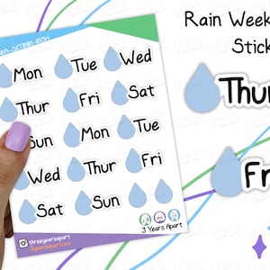 Op de afbeelding: Een vel met blauwe regendruppel stickers met de dagen van de week erop. De stickers zijn bedoeld voor gebruik in een planner of dagboek.