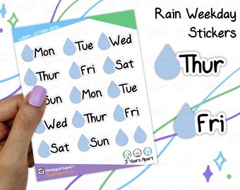 Rain Weekday Script Stickers | Handwriting Font Weekly Functional Deco Stickers for Bullet Journal, Planner, Traveler's Notebook, Diary