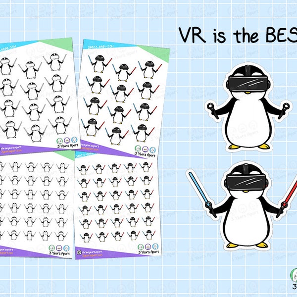 VR Beat Saber Penguin Stickers | Game Night Virtual Reality Gamer Deco Stickers for Bullet Journals, Planners, Traveler's Notebook, Diary