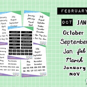 Op de afbeelding: Een set bedrukbare planner stickers met de maanden van het jaar in zwarte tekst op witte en zwarte achtergronden. De stickers zijn ontworpen voor gebruik in een planner of dagboek.