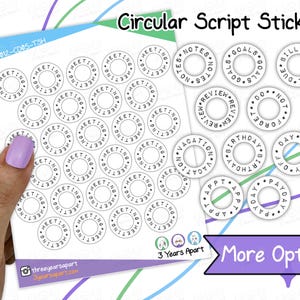 May include: Sheet of circular script stickers with various labels like "Meeting," "Notes," and "Goals." The stickers are black text on a white background. The sheet is held by a hand with a purple nail polish.