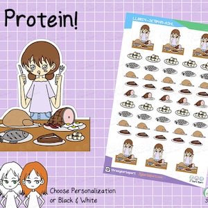LuLu Protein Food Aufkleber | Tofu Fischsteak Huhn Individuelle Färbung Deko Mädchen für Bullet Journals, Planer, Traveler's Notebook, Diary
