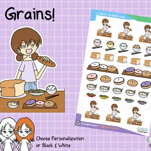 LuLu Getreide Lebensmittel Aufkleber | Brot Pasta Reis Bagels Oatmeal Food Individuell Deko Girl für Bullet Journals, Planer, Traveler's Notebook, Tagebuch