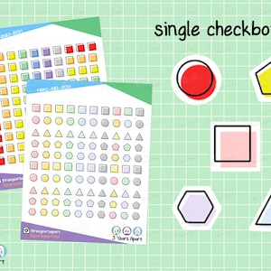 May include: Two sheets of colorful stickers with various shapes and sizes. The stickers are in shades of red, yellow, green, blue, and purple. The stickers are arranged in rows and columns. The sheets are labeled "3 Years Apart". There are also single stickers of a red circle, a yellow pentagon, a pink square, a purple hexagon, and a blue triangle.