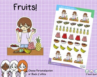 LuLu Fruit Stickers | Watermelon Banana Pineapple Food Custom Deco Girl for Bullet Journals, Planners, Traveler's Notebook, Diary