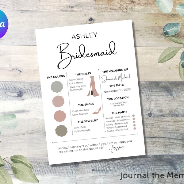 Bridesmaid Info Card Template  Easily edit in Canva. Infographic, Bridal Party Info Card, Bridesmaid Information