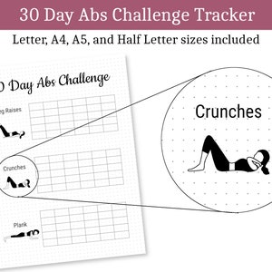 30 Day Abs Challenge Fitness Journal printable, 30 Day Fitness Challenge habit tracker, Bullet Journal Printable