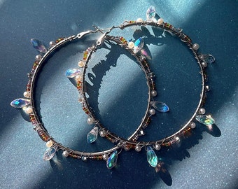 Handmade XL Sunrise Hoop Earrings - Iridescent Crystal & Pearl Statement Jewelry