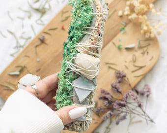 White Sage Smudge Wand: Abalone Shell & Quartz Crystal - Ritual Cleansing