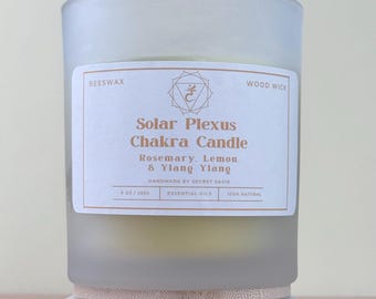 Solar Plexus Chakra Beeswax Wood Wick Candle | Essential Oils | Reiki Infused | 9 oz