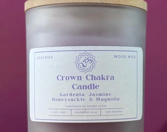 Crown Chakra Beeswax Wood Wick Candle | Essential Oils | Reiki Infused | 9 oz