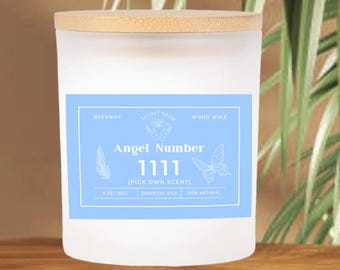 Customizable Angel Number Beeswax Candle: Customizable Scent, Wood Wick - 9 oz