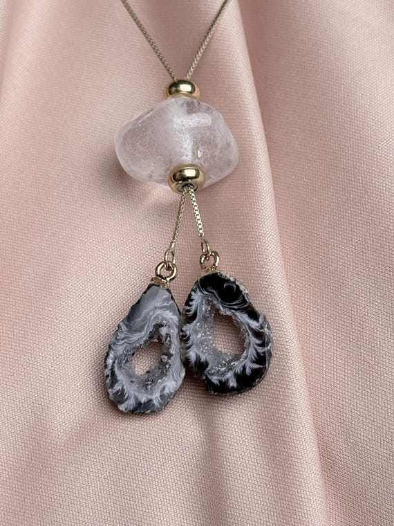 Adjustable Clear Quartz & Geode Slice Necklace • Black Cream Druzy Geode + Quartz Pendant • Boho Healing Jewelry