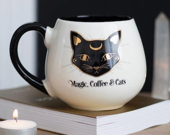 Magic, Coffee & Cats Mug: Witchy Black Cat Halloween Decor