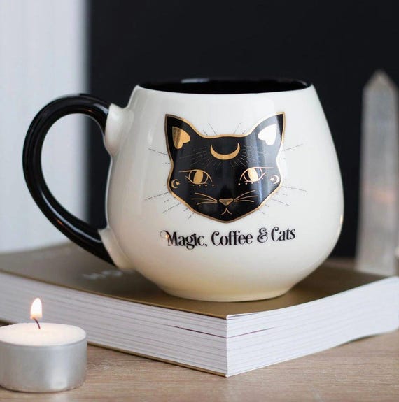 Magic, Coffee & Cats Mug: Witchy Black Cat Halloween Decor