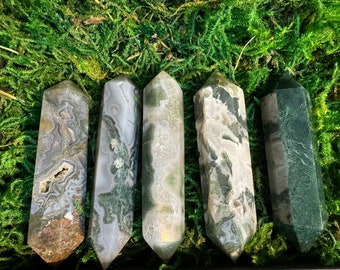 Moss Agate Double Point Obelisk: Druzy Healing Crystal Decor