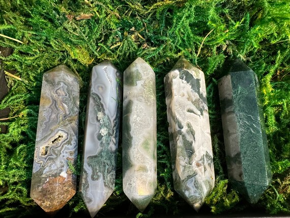 Moss Agate Double Point Obelisk: Druzy Healing Crystal Decor