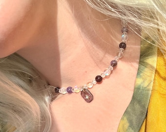 Amethyst Opalite Beaded Necklace, Star Pendant, Boho Gemstone Jewelry