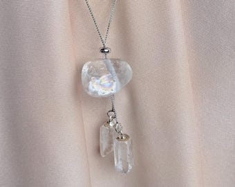 Adjustable Rainbow Clear Quartz Necklace • Tumbled + Double Raw Point Pendant • Silver or Gold Chain