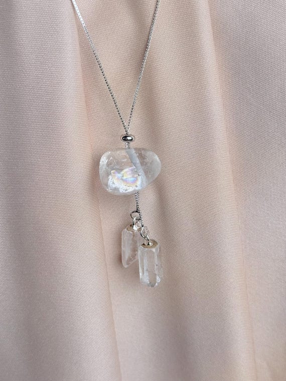 Adjustable Rainbow Clear Quartz Necklace • Tumbled + Double Raw Point Pendant • Silver or Gold Chain