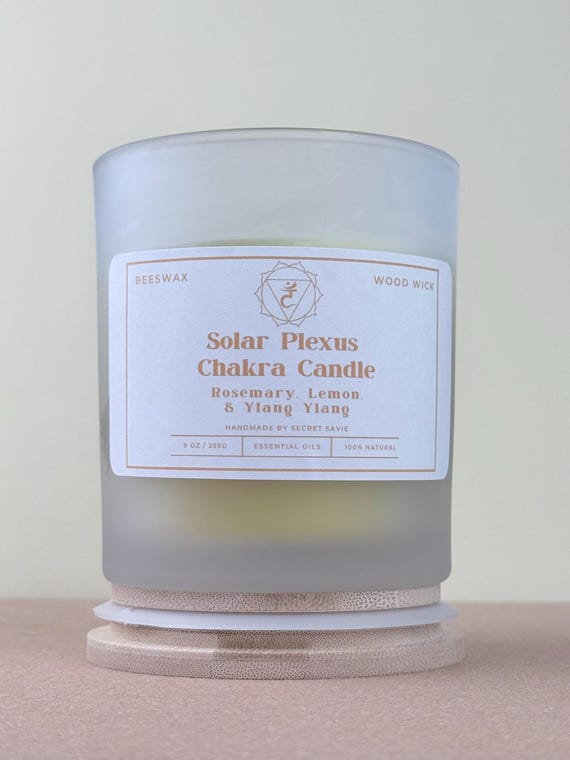 Solar Plexus Chakra Beeswax Wood Wick Candle | Essential Oils | Reiki Infused | 9 oz