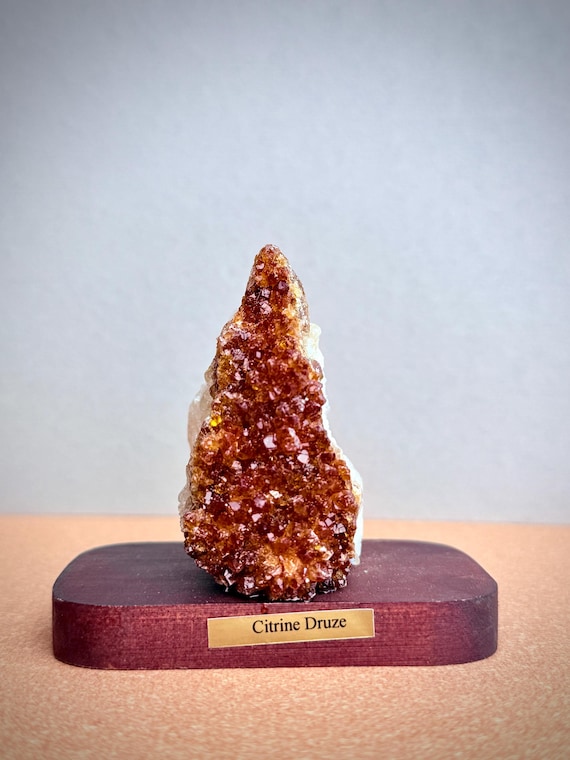 Citrine Druze Crystal on Wooden Base: Merchant's Stone, Positive Energy