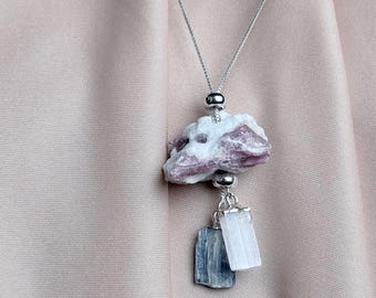 Raw Pink Tourmaline Necklace • Selenite Kyanite Pendant, Healing Jewelry