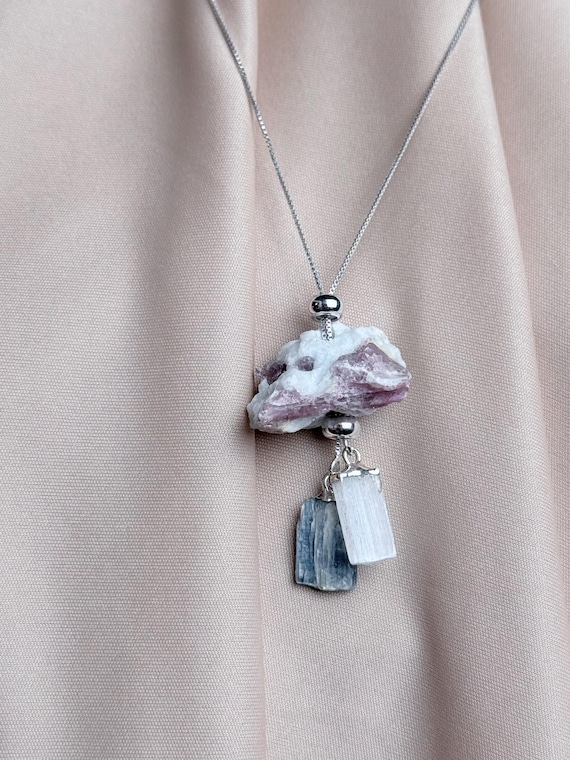 Raw Pink Tourmaline Necklace • Selenite Kyanite Pendant, Healing Jewelry