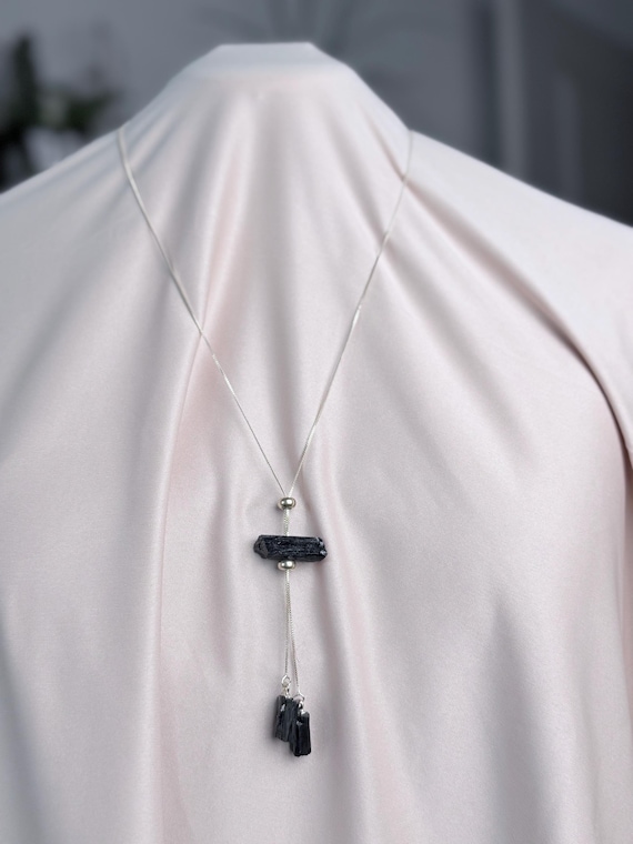 Adjustable Black Tourmaline Necklace • Raw Crystal Pendant • Triple Stone Protection Jewelry • Reiki Healing