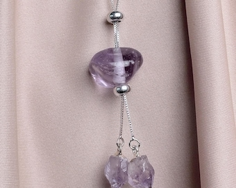 Adjustable Amethyst Necklace • Tumbled + Double Raw Point Pendant • Silver or Gold Chain • Crown Chakra