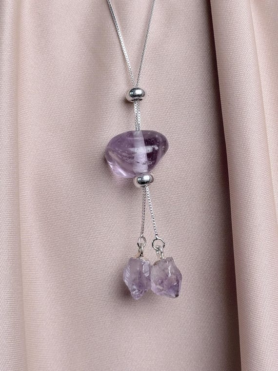 Adjustable Amethyst Necklace • Tumbled + Double Raw Point Pendant • Silver or Gold Chain • Crown Chakra