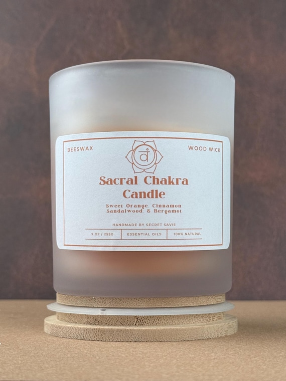 Sacral Chakra Beeswax Wood Wick Candle | Essential Oils | Reiki Infused | 9 oz
