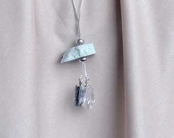 Adjustable Hope Necklace • Raw Amazonite + Clear Quartz & Blue Kyanite • Sterling Silver Chain
