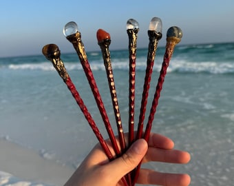 Pick Your Crystal Wand - Set of 6 Unique Healing Wands with Wooden Handles