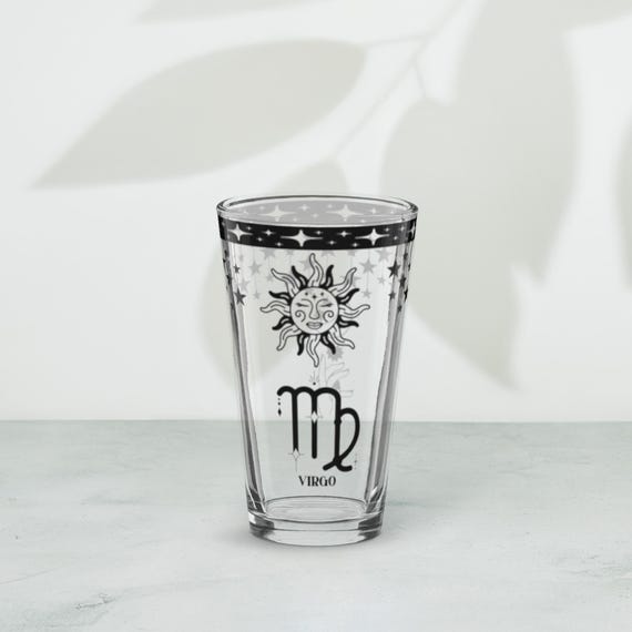 Virgo Zodiac Pint Glass with Celestial Sun and Moon Design