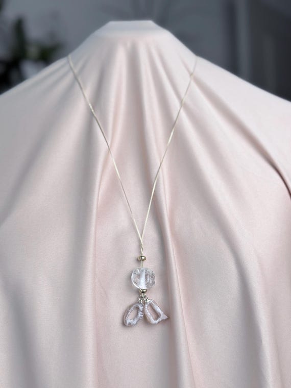 Adjustable Clear Quartz & Geode Slice Necklace • Tan Cream Druzy Geode + Quartz Pendant • Boho Healing Jewelry