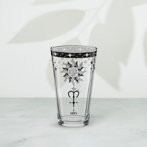 Aries Zodiac Pint Glass with Celestial Sun and Moon Design