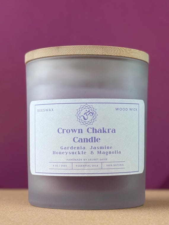 Crown Chakra Beeswax Wood Wick Candle | Essential Oils | Reiki Infused | 9 oz