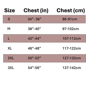 May include: Size chart showing chest measurements in inches and centimeters. Sizes include S, M, L, XL, 2XL, and 3XL.