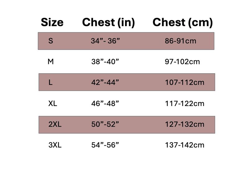 May include: Size chart showing chest measurements in inches and centimeters. Sizes include S, M, L, XL, 2XL, and 3XL.