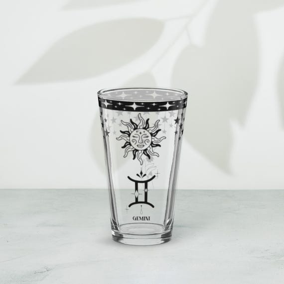 Gemini Zodiac Pint Glass with Celestial Sun and Moon Design