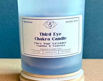 Third Eye Chakra Beeswax Wood Wick Candle | Essential Oils | Reiki Infused | 9 oz
