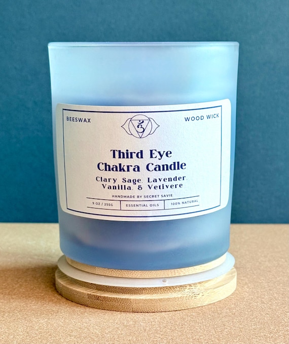 Third Eye Chakra Beeswax Wood Wick Candle | Essential Oils | Reiki Infused | 9 oz